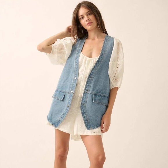 Promesa Jackets & Blazers - Promesa Days Go By Light Blue Washed Denim Over-Sized Button Front Vest